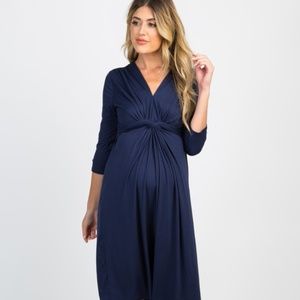 Navy Blue Twist Front 3/4 Sleeve Maternity Dress